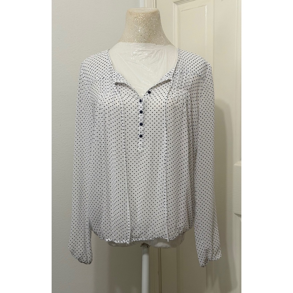 Charming Charlie Womens sz S White Navy Blue Polka Dot Long Sleeve Blouse Office